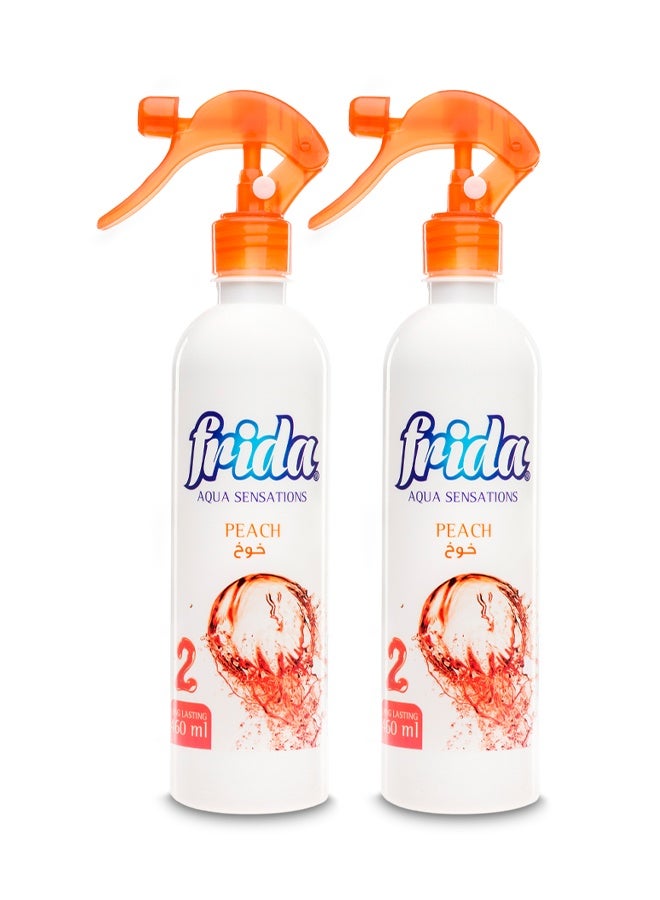 فريدا عبوة من قطعتين من معطر الجو فريدا أكوا سينسيشنز برائحة الخوخ، 460 مل، أساس مائي، خالٍ من الكحول، متعدد الاستخدامات، مزيل للروائح الكريهة من الأقمشة والغرف والمنزل، يدوم طويلاً - Image 1